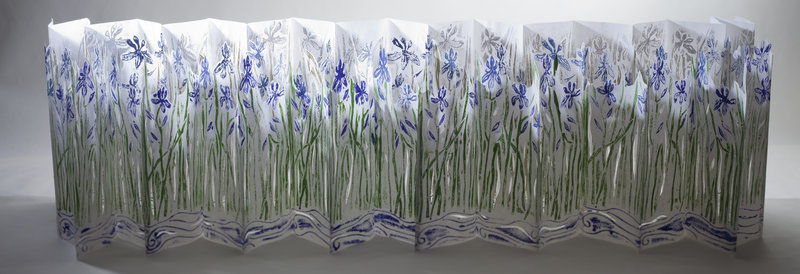 Goodale's folding book of blue flag irises is the centerpiece of her show.