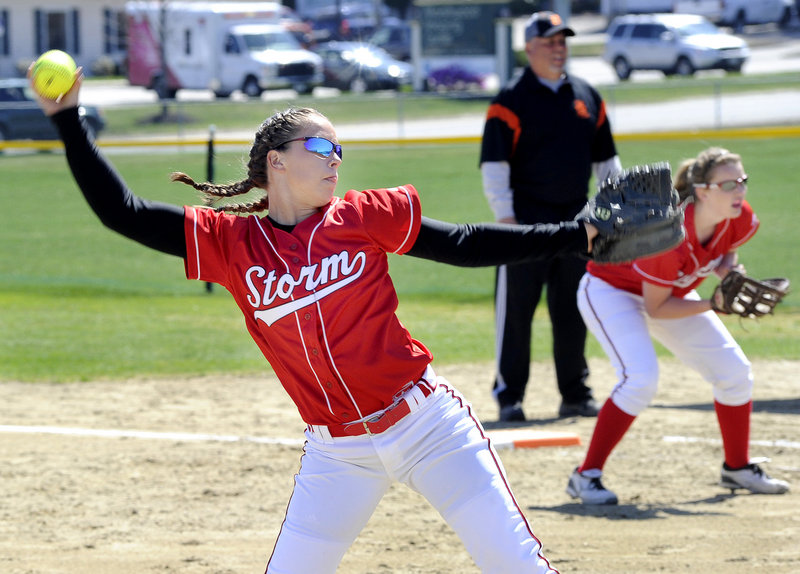 Erin Giles delivers a pitch during Scarborough’s 13-0 win Thursday against Biddeford. Giles and Mo Hannan combined on a one-hitter in a game stopped in the fifth inning because of the 12-run mercy rule.