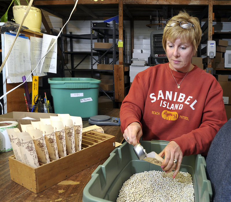 Marybeth Dunham, an employee at Pinetree Garden Seeds in New Gloucester, fills envelopes with seeds for “Slenderette Beans” for shipping.