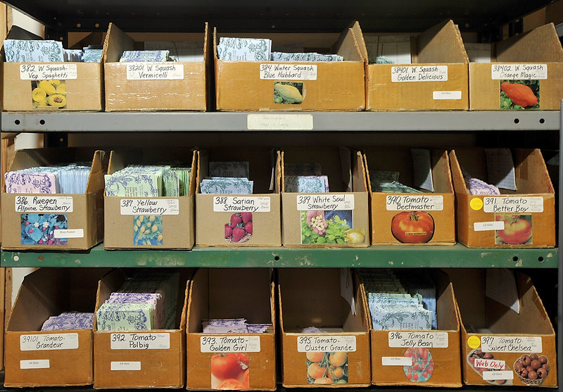 Bins of some of the 1,100 vegetable and flower seed varieties sold by Pinetree.