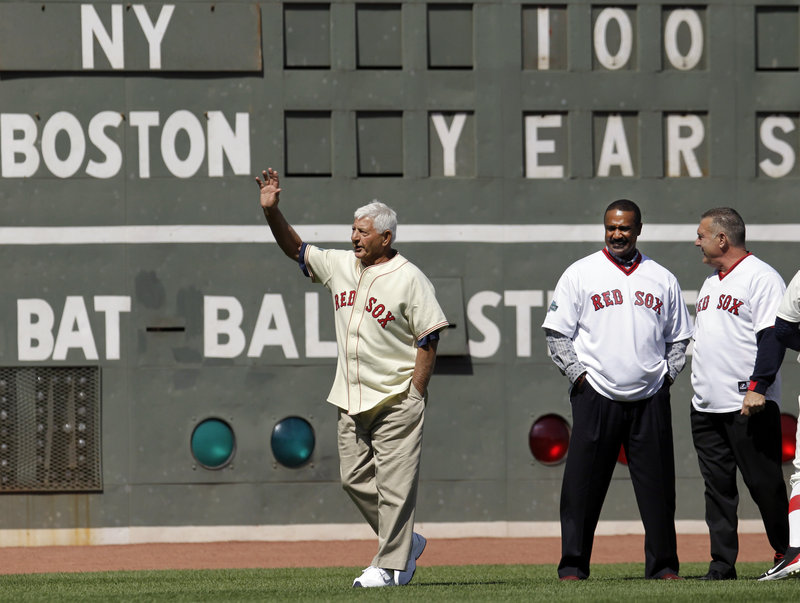 Carl Yastrzemski, waving, was part of generations of great left fielders in Fenway Park that included the late Ted Williams and continued with Hall of Famer Jim Rice, center. Bernie Carbo, right had his own great moment in Fenway, hitting a clutch 1975 World Series homer.