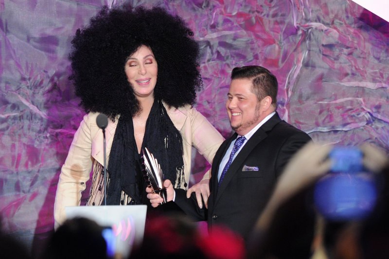 Cher greets her transgender son, Chaz Bono, at the 23rd annual GLAAD Media Awards on Saturday in Los Angeles, where he picked up a pair of trophies.