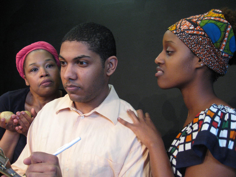 From right, Evadne Bryan-Perkins, Michael Johnson and Gwira Kabirigi in “Potatoes Aren’t Enough,” by Delvyn Case, part of the lineup in Acorn Productions’ The Maine Playwrights Festival, continuing this weekend at the St. Lawrence Arts Center in Portland.