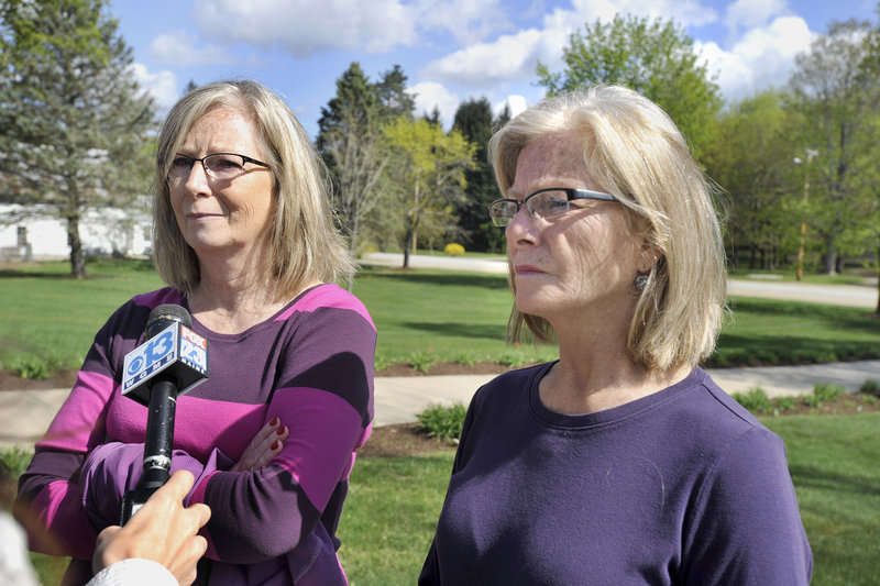 Cheryl Boucher, left, and Lynn Fortin, sisters of Roger White, the victim of a weekend slaying in Old Orchard Beach, speak to reporters Wednesday after an arraigment hearing at York County Courthouse for Michael Swenson. Cheryl Boucher of Alfred described White as a good brother, the father of two, the grandfather of two and a man who lived life on his own terms.