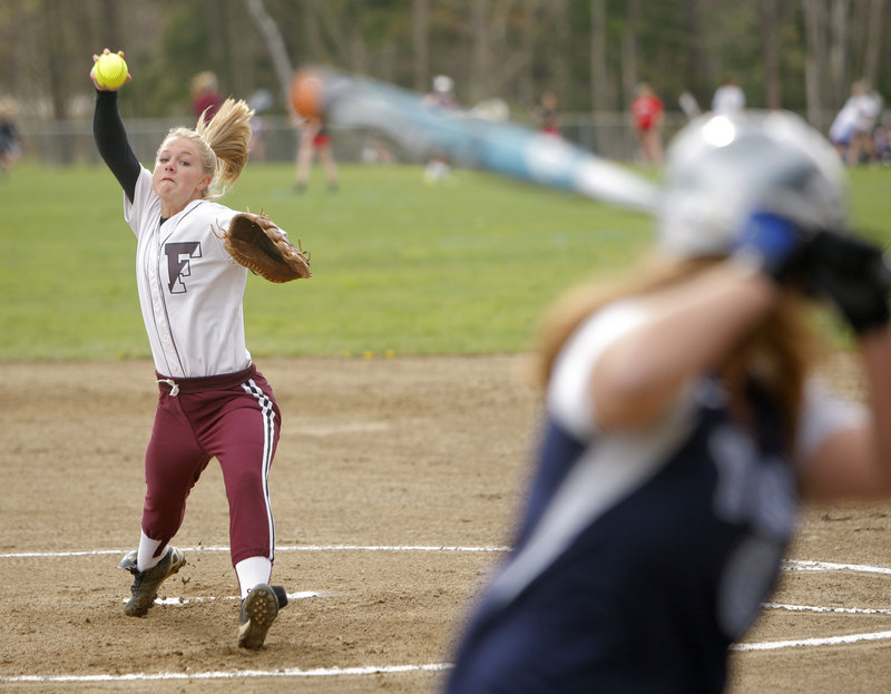 Freeport pitcher Leigh Wyman was tough to hit Wednesday, allowing one hit in five innings in a 14-0 victory against York. Wyman struck out seven and walked one, and went 3 for 3 at the plate with an RBI.