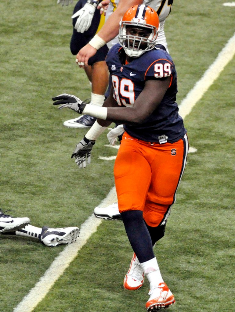 Chandler Jones of Syracuse hopes to continue celebrating sacks, this time with the New England Patriots. The defensive end was selected in the first round with the 21st pick overall.