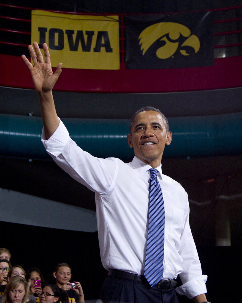 President Obama waves to the crowd Wednesday after speaking at the University of Iowa in Iowa City. Re-electing Obama “would change the nation ... into just another depressed welfare state where the government runs everything,” according to a reader.