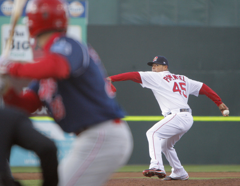 Stolmy Pimentel delivers a pitch during his first outing with the Sea Dogs this season. He allowed seven hits and two earned runs in five innings.