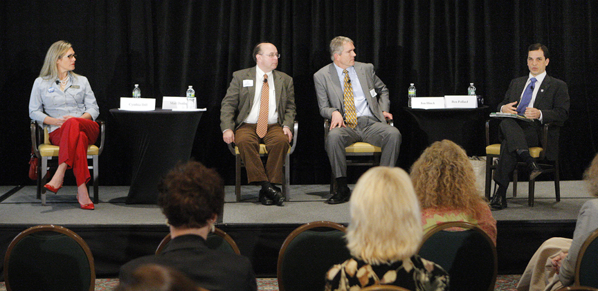 Democratic candidates for the U.S. Senate met for a debate at Sable Oaks Marriott in South Portland this morning. From left, state Sen. Cynthia Dill, former Secretary of State Matt Dunlap and state Rep. Jon Hinck listen to businessman Benjamin Pollard answer a question. The debate was sponsored by the Portland Regional Chamber of Commerce. A second debate, on May 23, will feature the Republican primary candidates.