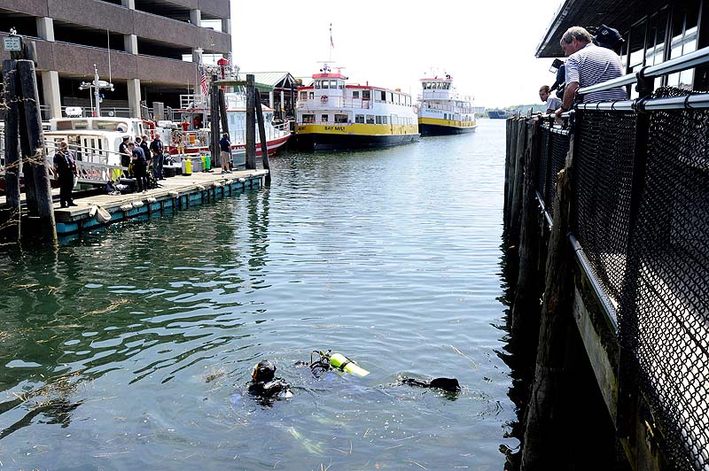 Members of the Portland police dive team search the waters near the State Pier on Monday, May 21, 2012 for a Harvard student who went missing after a night with friends in the Old Port.