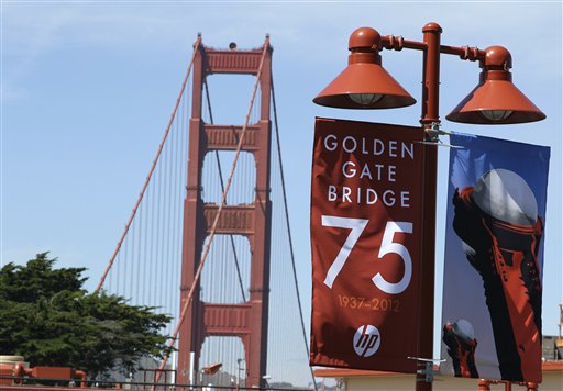 In this photo taken Wednesday, April, 18, 2012, a sign marking its 75th anniversary is shown near the Golden Gate Bridge in San Francisco. The bridge was heralded as an engineering marvel when it opened in 1937. It was the world's longest suspension span and had been built across a strait that critics said was too treacherous to be bridged. But as the iconic span approaches its 75th anniversary, the engineers who have overseen it all these years say keeping it up and open has been a feat unto itself. (AP Photo/Eric Risberg)