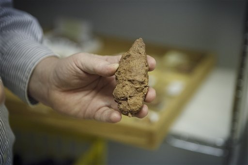 In a photo made May 15, 2012 Assistant Curator David Temple, famous for discovering fossized vegetarian dinosaur scat, shows an example of a meat eaters scat that will be on display in the new Hall of Paleontology at the Houston Museum of Natural Science. The $85 million wing of the museum will have the only Triceratops skin found to date and a unique Tyrannosaurus Rex fossil with complete hands.(AP Photo/Michael Stravato)