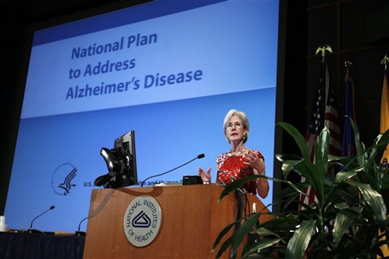 Health and Human Services Secretary Kathleen Sebelius speaks during the Alzheimer's Disease conference, Tuesday, May 15, 2012, at the National Institute of Health in Bethesda, Md. (AP Photo/Jose Luis Magana)