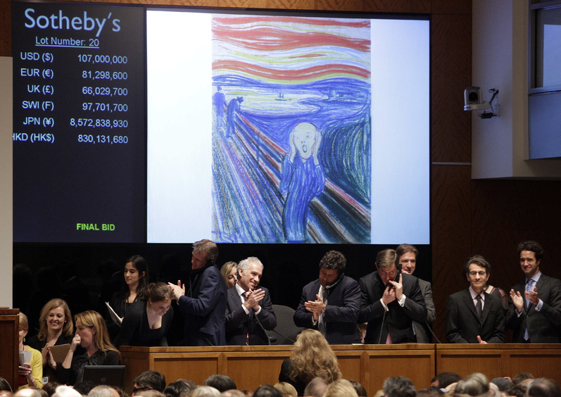 Edvard Munch's "The Scream" is auctioned at Sotheby's Wednesday in New York. It sold for a record $119,922,500.