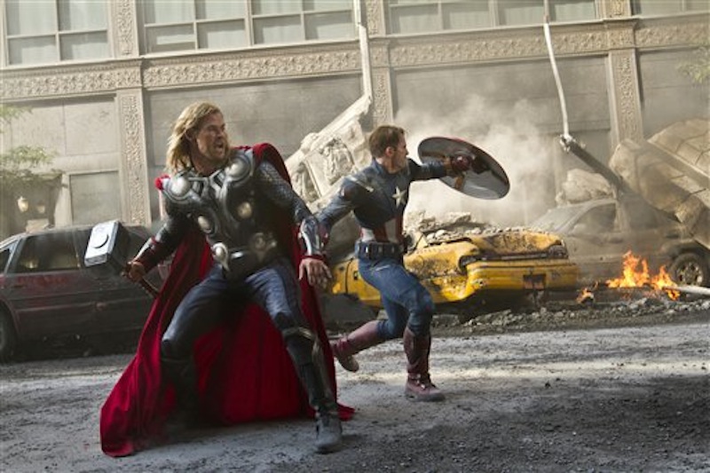 In this film image released by Disney, Chris Hemsworth portrays Thor, left, and and Chris Evans portrays Captain America in a scene from "The Avengers," expected to be released on May 4, 2012. (AP Photo/Disney, Zade Rosenthal)