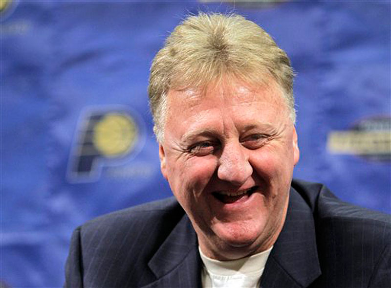 In this June 22, 2010 file photo, Indiana Pacers president Larry Bird talks about the NBA basketball team's prospects in the upcoming draft during a news conference in Indianapolis. Bird was voted the NBA's Executive of the Year on Wednesday, May 16, 2012, becoming the first person to win that award, plus the MVP and Coach of the Year honors. (AP Photo/Michael Conroy, File)
