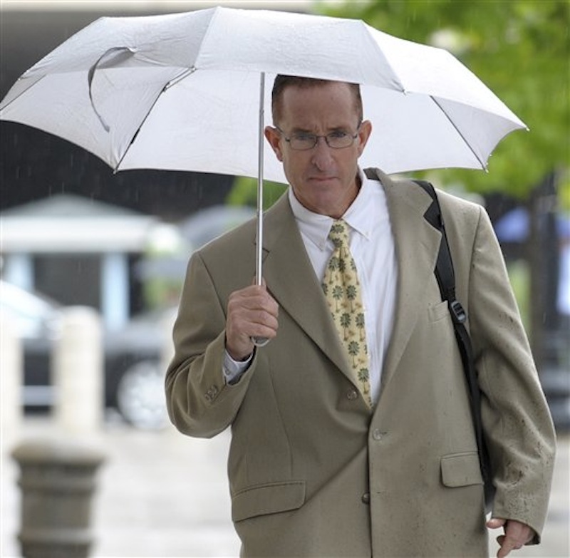 Former trainer Brian McNamee arrives at the Federal court in Washington, Monday, May 14, 2012. McNamee, Roger Clemens' chief accuser is expected to testify Monday against the former pitcher, a make-or-break moment for the prosecution as it seeks to convict Clemens of perjury. (AP Photo/Susan Walsh)