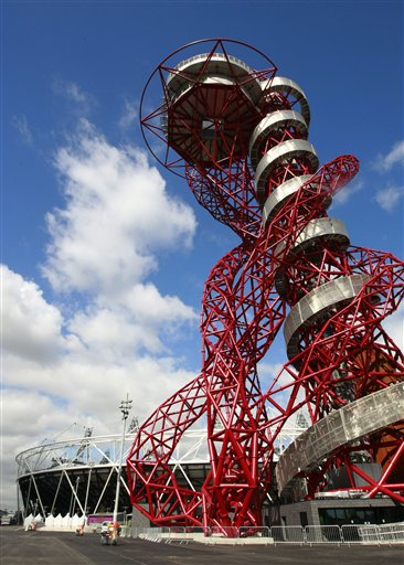 The ArcelorMittal Orbit sculpture is built from 63 percent recycled steel and incorporates the five Olympic rings.