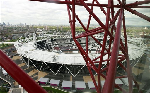 A view of the Olympic Stadium from the ArcelorMittal Orbit sculpture during the official unveiling at the Olympic Park in London today.