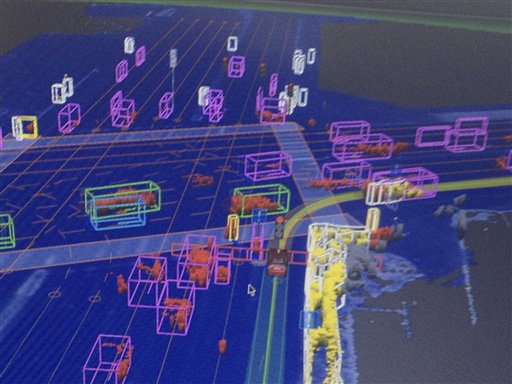 A screen capture of what Google's driverless car sees as it uses radar to navigate along a street.