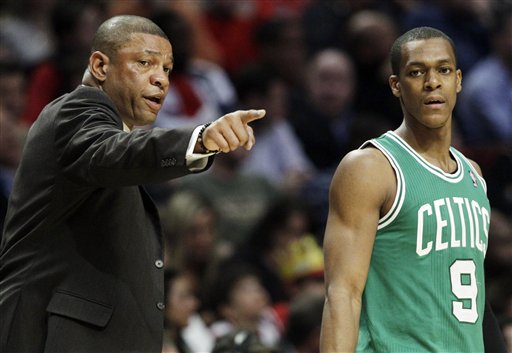 Boston Celtics head coach Doc Rivers talks to guard Rajon Rondo during a game against the Chicago Bulls in Chicago in early April.