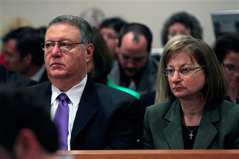 Tyler Clementi's parents, Joseph Clementi and Jane Clementi, look on during a sentencing hearing for Dharun Ravi, in New Brunswick, N.J., Monday, May 21, 2012. Ravi, a former Rutgers University student who used a webcam to watch his roommate, Tyler Clementi, kiss another man days before Clementi killed himself, was sentenced Monday to 30 days in jail. (AP Photo/Mel Evans)