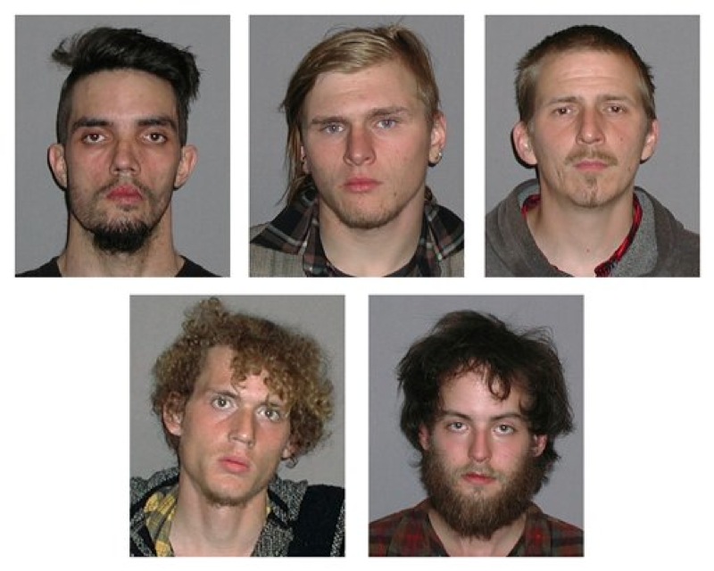 Photos provided by the FBI show five men arrested Monday, April 30, 2012, and accused of plotting to blow up a bridge near Cleveland, Ohio, the FBI announced Tuesday, May 1, 2012. Top row, from left, are Douglas Wright, Brandon Baxter and Anthony Hayne. Bottom row, from left, are Joshua Stafford and Connor Stevens. There was no danger to the public because the explosives were inoperable and were controlled by an undercover FBI employee, the agency said Tuesday in announcing the men's arrests. The target of the plot was a bridge that carries a four-lane state highway over part of the Cuyahoga Valley National Park in the Brecksville area, about 15 miles south of downtown Cleveland, the FBI said. (AP Photo/FBI)