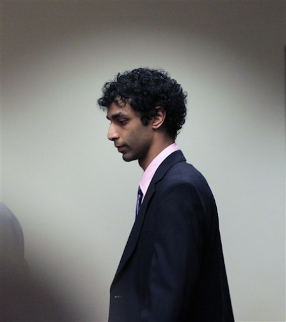 Dharun Ravi arrives at court for his sentencing hearing in New Brunswick, N.J., Monday, May 21, 2012. Ravi, a former Rutgers University student who used a webcam to watch his roommate kiss another man days before the roommate killed himself was sentenced Monday to 30 days in jail. A judge also gave 20-year-old Dharun Ravi three years of probation. (AP Photo/Mel†Evans)