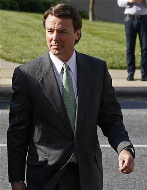 Former presidential candidate and Sen. John Edwards arrives at a federal courthouse in Greensboro, N.C., Thursday, May 17, 2012. Edwards has pleaded not guilty to six counts related to campaign finance violations over nearly $1 million from two wealthy donors used to help hide the Democrat's pregnant mistress as he sought the White House in 2008. (AP Photo/Gerry Broome)