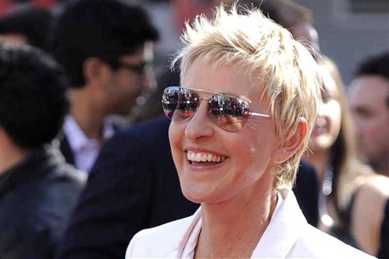 In this May 26, 2010 file photo, Ellen DeGeneres arrives at the "American Idol" finale in Los Angeles. DeGeneres, who broke ground in 1997 by playing the first lead character on primetime TV to reveal sheís gay, is winning the nationís top humor prize. The Kennedy Center in Washington is announcing Tuesday that DeGeneres will receive the 15th annual Mark Twain Prize for American Humor. She will be honored Oct. 22 with a lineup of star performers. (AP Photo/Chris Pizzello, File) BDAY120123lbox BDAY120123lbox
