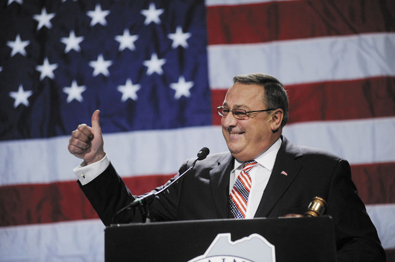 Gov. Paul LePage gives a thumbs up as he speaks during the Maine Republican Party State Convention recently.