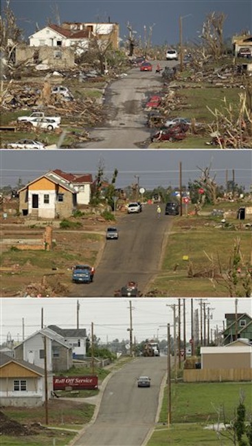 This three-photo combo shows a scene taken on May 23, 2011, top, July 21, 2011, center, and May 7, 2012, bottom, shows progress made in Joplin, Mo. in the year after an EF-5 tornado destroyed a large swath of the city and killed 161 people. (AP Photo/Charlie Riedel)