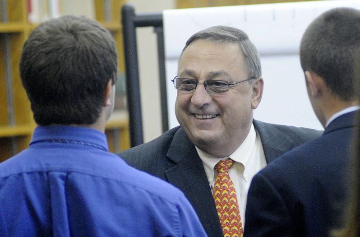 Gov. Paul LePage speaks with Cheverus High School students today. LePage planned to speak again at a public forum tonight from 5:30 to 7 at Cheverus.