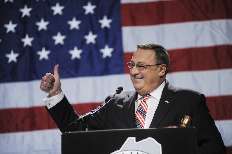 Gov. Paul LePage gives a thumbs up as he speaks at the Maine Republican Party State Convention on Sunday.