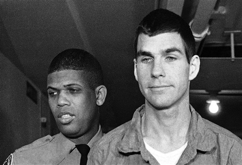 This March 1, 1971 file photo shows Charles Tex Watson, right, arriving for court in Los Angeles, Calif. A Texas judge is expected to decide Tuesday, May 29, 2012, whether eight hours of audio recordings of conversations between a the former Manson family member and his attorney should be given to Los Angeles police. Watson is serving a life sentence for his role in the 1969 Tate-La Bianca murders. (AP Photo/Wally Fong, File)