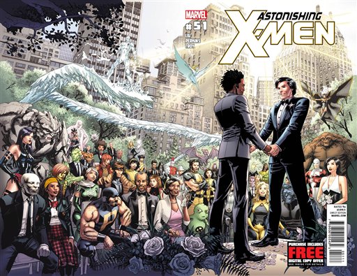 This comic book cover image released by Marvel shows "Astonishing X-Men," No 51. Marvel Comics said Tuesday, May 22, 2012 that the Canadian character named Jean-Paul Beaubier, right, will marry his beau, Kyle Jinadu, in this edition due out June 20. (AP Photo/Marvel Comics)