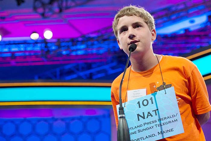 Maine Spelling Bee champion Nat Jordan of Cape Elizabeth competes in the preliminary rounds of the Scripps National Spelling Bee in National Harbor, Md., today.