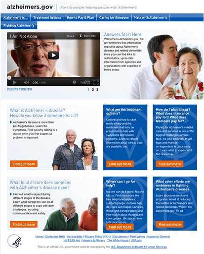 This image from the Health and Human Services new website alzheimers.gov shows the home page. The Obama administration adopts a landmark national strategy to fight Alzheimer's on Tuesday, May 15, 2012, setting the clock ticking toward a deadline of 2025 to finally find effective ways to treat, or at least stall, the mind-destroying disease. But work is beginning right away: Starting Tuesday, embattled families and caregivers can check a new one-stop website for easy-to-understand information about dementia and where to get help. (AP Photo/HHS)