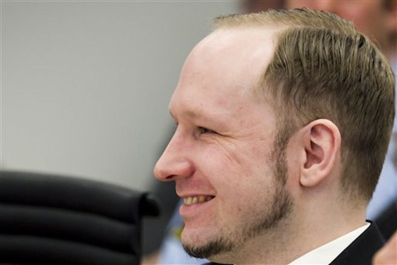 Accused Norwegian Anders Behring Breivik sits in the courtroom, in Oslo, Norway, Tuesday April 17, 2012. (AP Photo/Heiko Junge/Scanpix Norway, Pool)