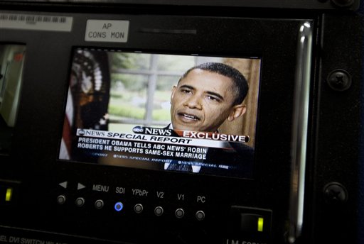 President Barack Obama's interview with ABC News appears on a monitor in the White House briefing room today.