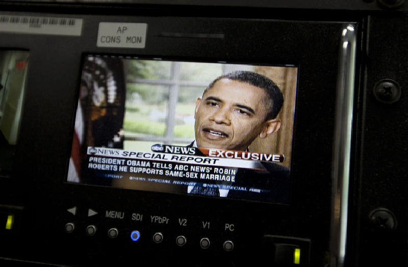 President Barack Obama is seen on a monitor in the White House briefing room in Washington. Obama told an ABC interviewer that he supports gay marriage. The announcement was the first by a sitting president.