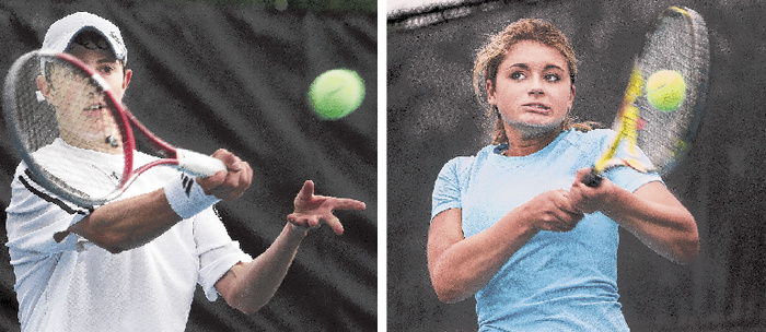 Jordan Friedland, left, of Lincoln Academy beat the top two seeds – Patrick Ordway of Waynflete and Justin Brogan of Falmouth – on his way to the boys’ singles state championship Monday. Maisie Silverman, right, of Brunswick was tested by both of her opponents Monday but emerged with the state championship. Silverman, the No. 1 seed, took the last two games to defeat second-seeded Annie Criscione of Falmouth in the final, 6-3, 4-6, 6-4.