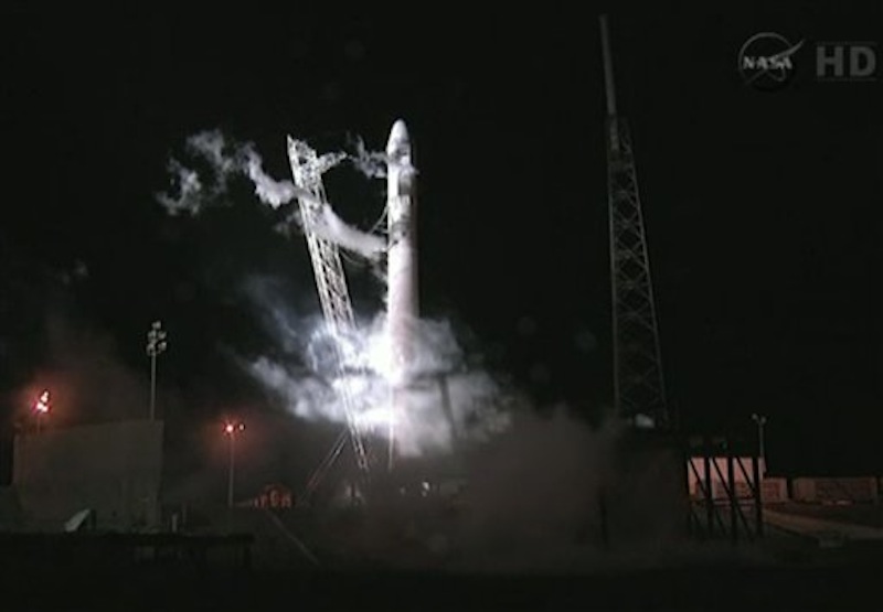 This framegrab from NASA-TV shows the Falcon 9 SpaceX rocket on the launch pad at complex 40 at the Cape Canaveral Air Force Station in Cape Canaveral, Fla., seconds after the launch was aborted due to technical problems early Saturday May 19, 2012. The launch is rescheduled for Tuesday morning May 22, 2012 at 3:44 a.m. EDT (AP Photo/NASA)
