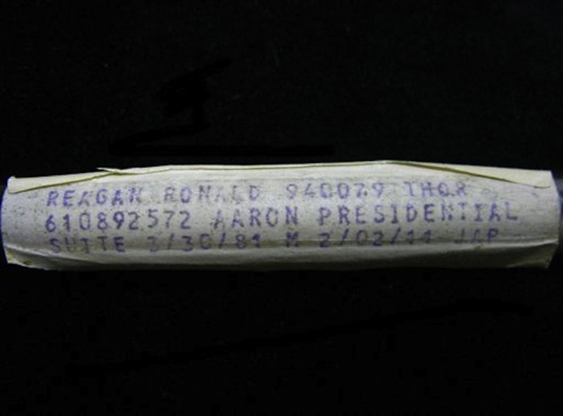 This undated image released by PFCAuctions shows a vial containing Ronald Reagan's dried blood residue. A Channel Islands online auction house has angered Ronald Reagan's foundation by claiming to offer a vial that once contained his blood. The auctioneers say it was used by the laboratory that tested Reagan's blood when he was hospitalized after a 1981 assassination attempt in Washington. Bidding for the vial had passed the 7,000 pound ($11,000) mark Tuesday May 22, 2012. (AP Photo/PFCAuctions)