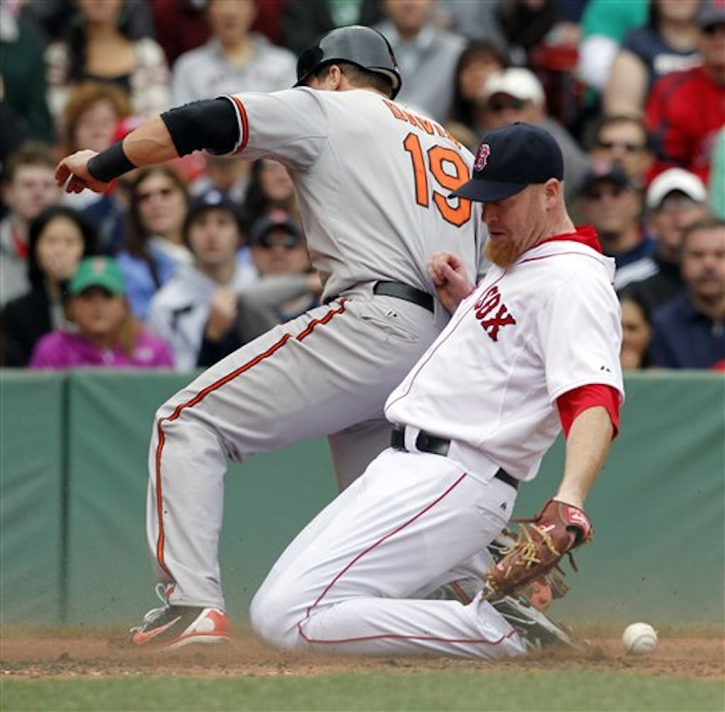 Baltimore Orioles' Chris Davis (19) scores on a passed ball as Boston Red Sox pitcher Aaron Cook fails to make the play in the third inning of a baseball game in Boston, Saturday, May 5, 2012. (AP Photo/Michael Dwyer)