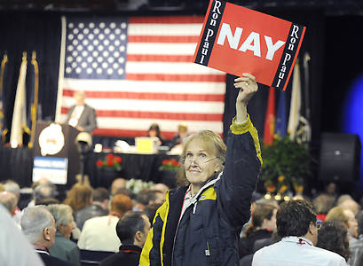 Cumberland County delegate Janet Psonak shows her preference at the GOP State Convention at the Augusta Civic Center on Saturday, May 5, 2012.