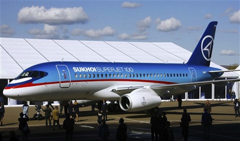 In this Sept. 26, 2007 file photo, a Sukhoi Superjet-100 is displayed outside the aviation factory in Komsomolsk-on-Amur, Russia, about 6200 kilometers (3,900 miles) east of Moscow. A new Sukhoi Superjet-100 carrying 50 people went missing just south of the Indonesian capital of Jakarta while flying over mountains Wednesday, May 9, 2012, during a demonstration flight for potential buyers and journalists, officials said. (AP Photo/RIA-Novosti, Ruslan Krivobok, File) NO SALES; NO ARCHIVES; EDITORIAL USE ONLY
