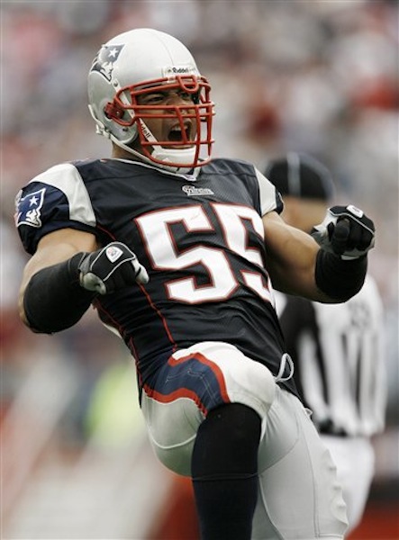 In this In the Oct. 7, 2007 file Photo, New England Patriots linebacker Junior Seau reacts after the first of his two interceptions against the Cleveland Browns in a football game at Gillette Stadium in Foxborough, Mass. Police say Seau, a former NFL star, was found dead at his home in Oceanside, Calif., Wednesday, May 2, 2012, after responding to a shooting there. He was 43. (AP Photo/Winslow Townson, File) NFL