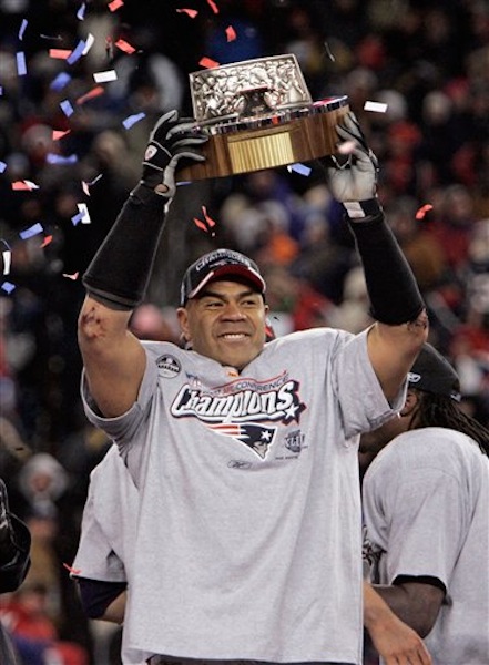In this Jan. 20, 2008, file photo, New England Patriots linebacker Junior Seau holds the Lamar Hunt Trophy looks on after defeating the San Diego Chargers 21-12 in the AFC Championship NFL football game in Foxborough, Mass. Police say Seau, a former NFL star, was found dead at his home in Oceanside, Calif., Wednesday, May 2, 2012, after responding to a shooting there. He was 43. (AP Photo/Winslow Townson, File) NFL