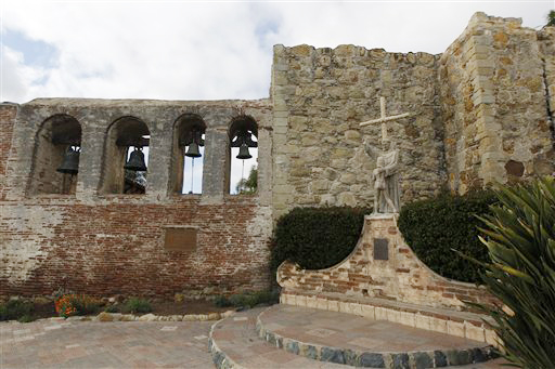 Speakers are hidden behind the statue at the Mission San Juan Capistrano to play the cliff swallows' mating song in the hopes of attracting them back to roost.
